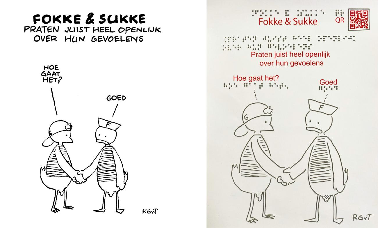 Links de originele Fokke&Sukke-cartoon, rechts de voelbare variant met reliëftekening, braille en QR-code voor beschrijving in audio